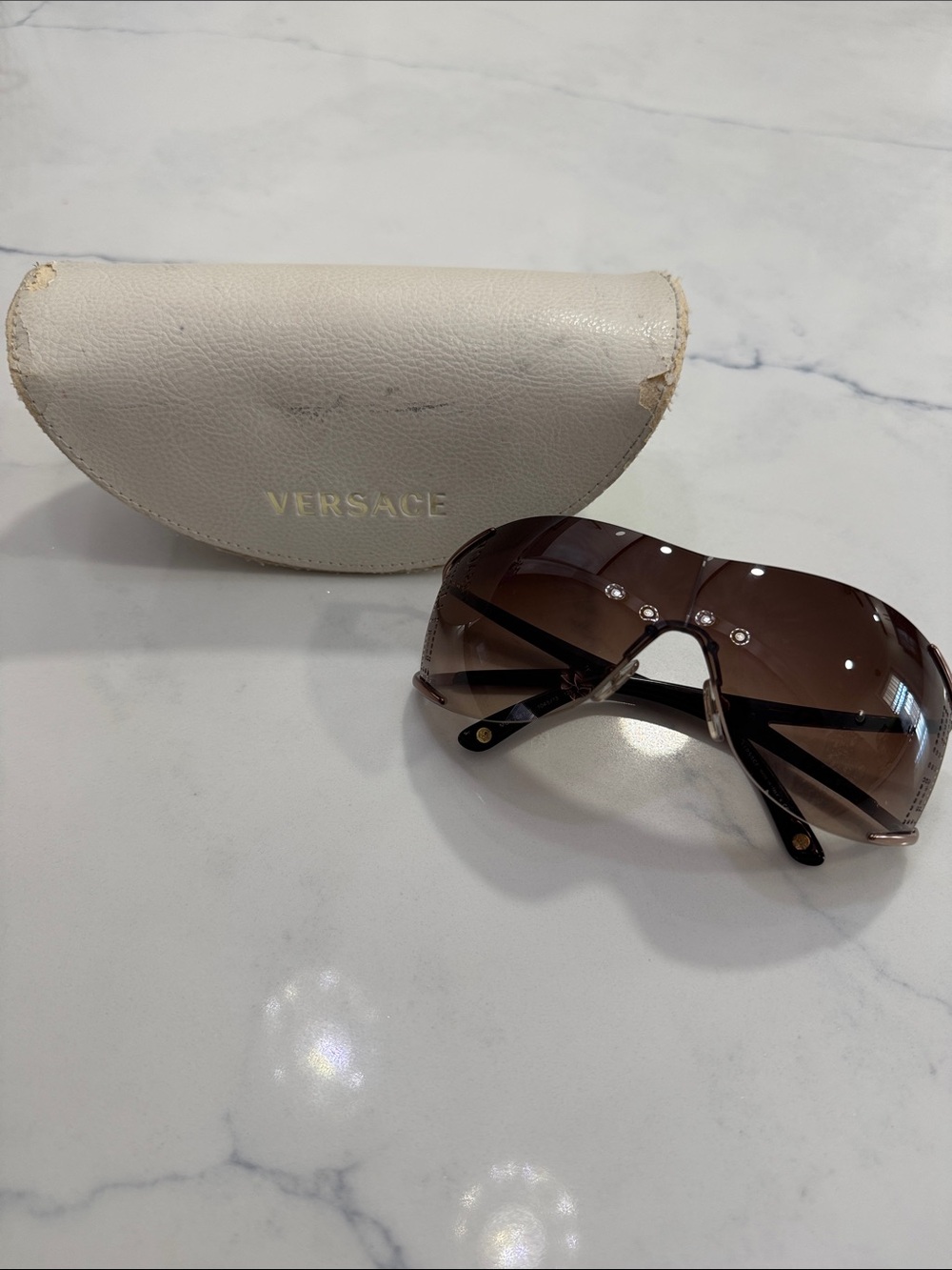 Versace Vintage Brown Gradient Rimless Shield Sunglasses with Gold Detailing